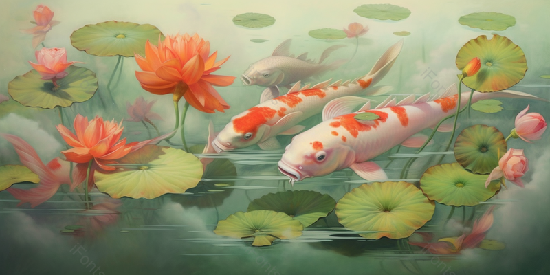 夏天荷花在池塘里绽放锦鲤在游泳插画背景,插画/手绘图,插画/手绘图库,插画/手绘图下载,插画/手绘